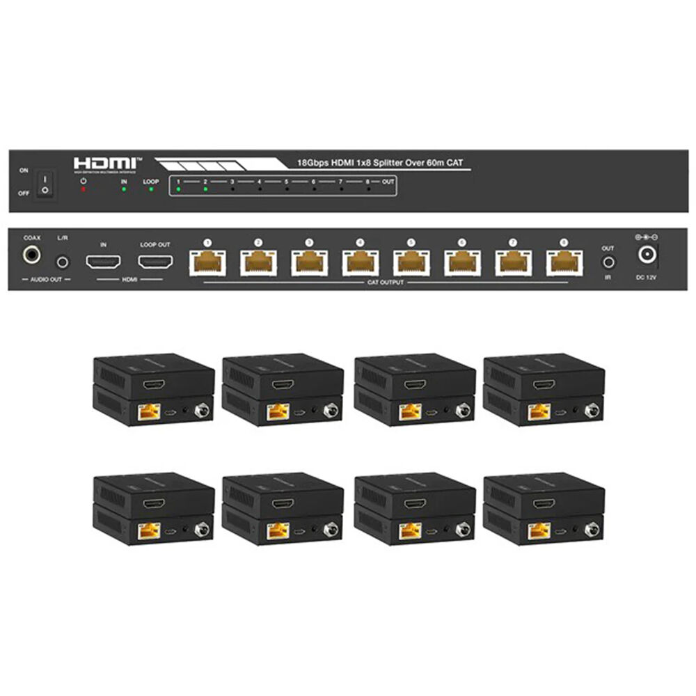 CA18SPV70 - (with 8 receivers)
HDMI 1.4 1X2 splitter over 70m Cat6,with 1xHDMI loop out, 4K@30Hz 4:4:4 HDCP1.4
Supports POC/EDID/LPCM 7.1CH, Dolby True HD, and DTS-HD Master Audio
40m: 4K@30Hz 4:4:4       70m: 1080P@60Hz 4:4:4  
Support  One-way IR